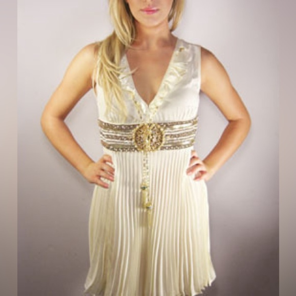Meghan Fabulous LA *Carlin* ivory silk embellished pleated dress 2